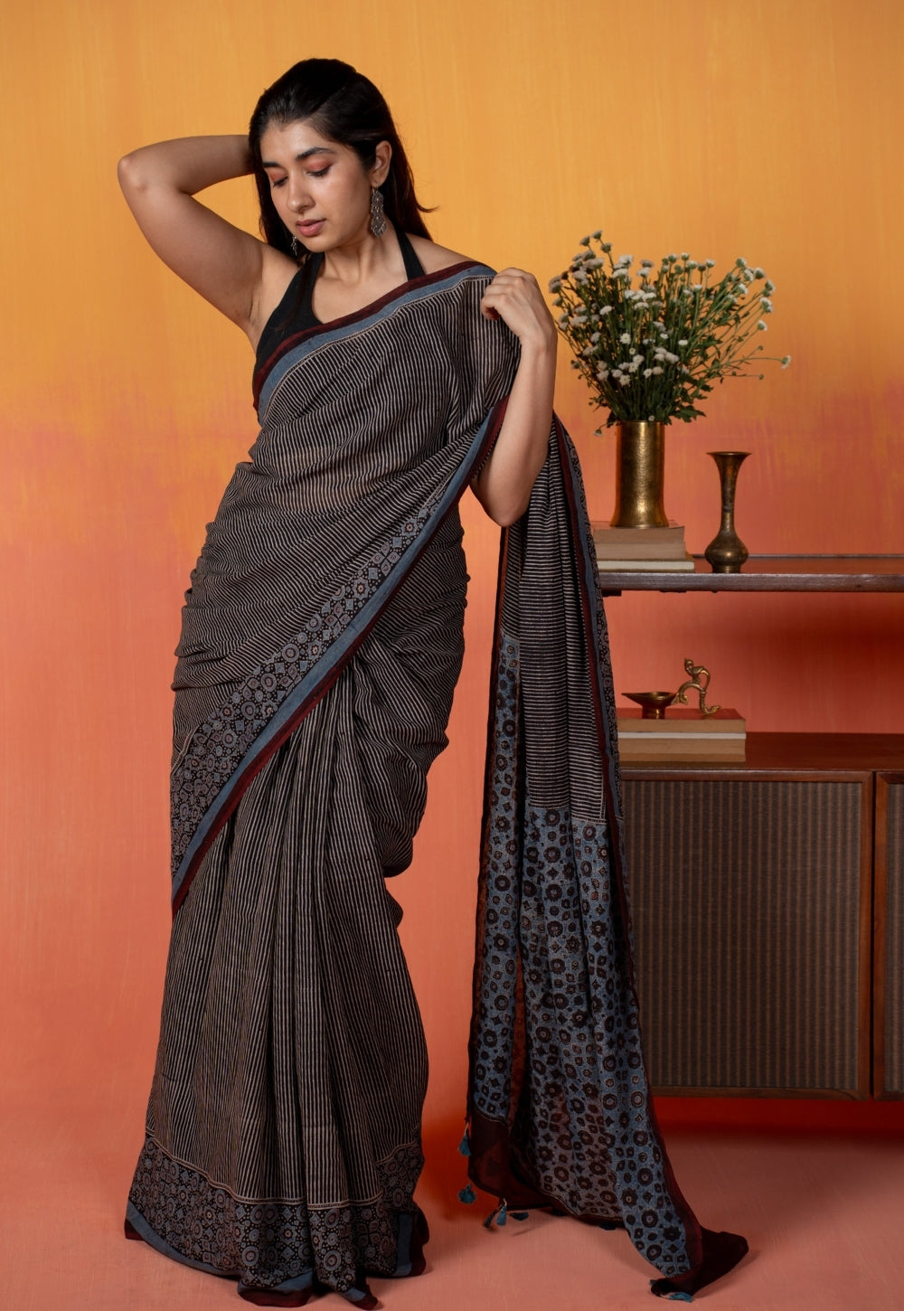 Black Pinstripe Ajrakh Hand Block Print Mul Saree