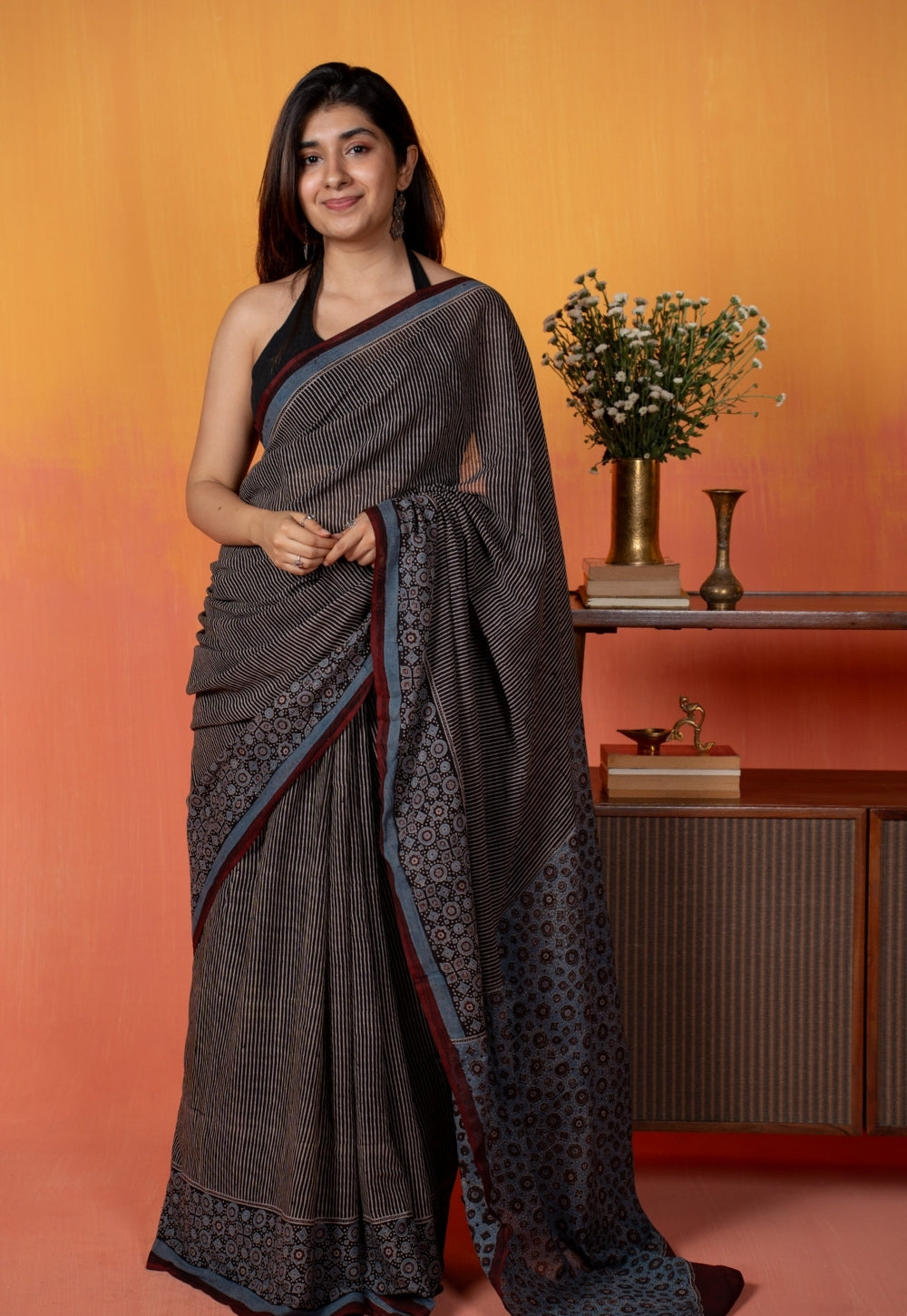 Black Pinstripe Ajrakh Hand Block Print Mul Saree
