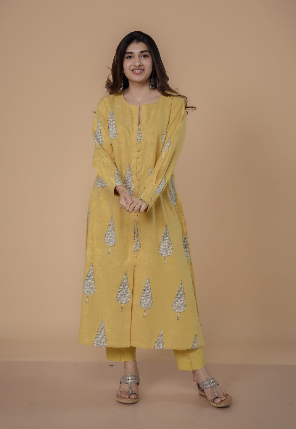 Ruchi Yellow Dabu Slub Cotton Straight Kurta Set (Set Of 2)