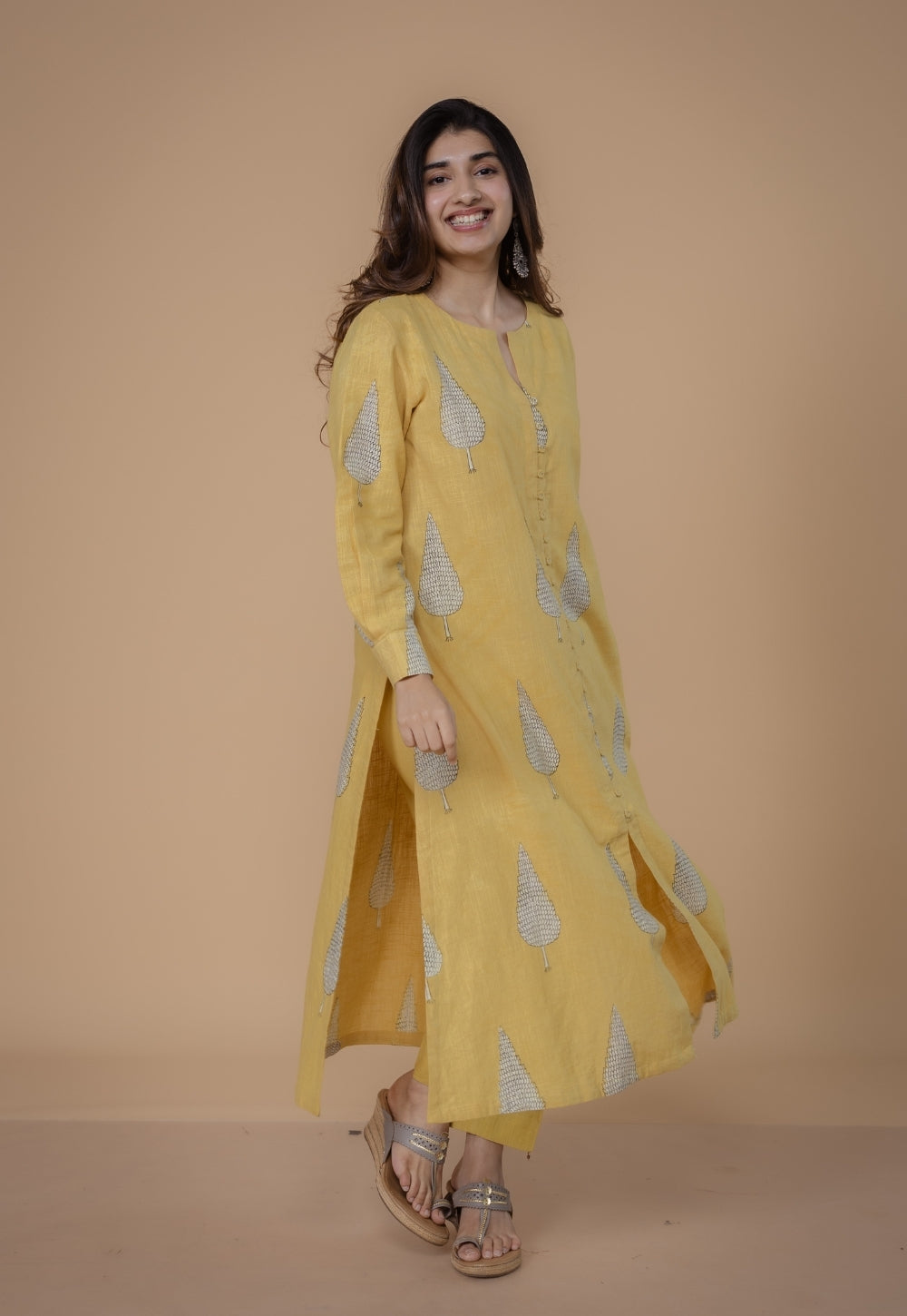 Ruchi Yellow Dabu Slub Cotton Straight Kurta Set (Set Of 2)