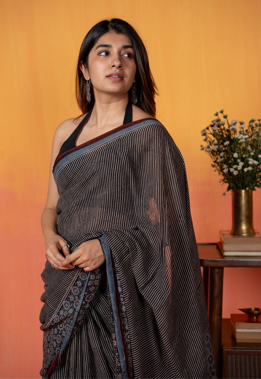 Black Pinstripe Ajrakh Hand Block Print Mul Saree