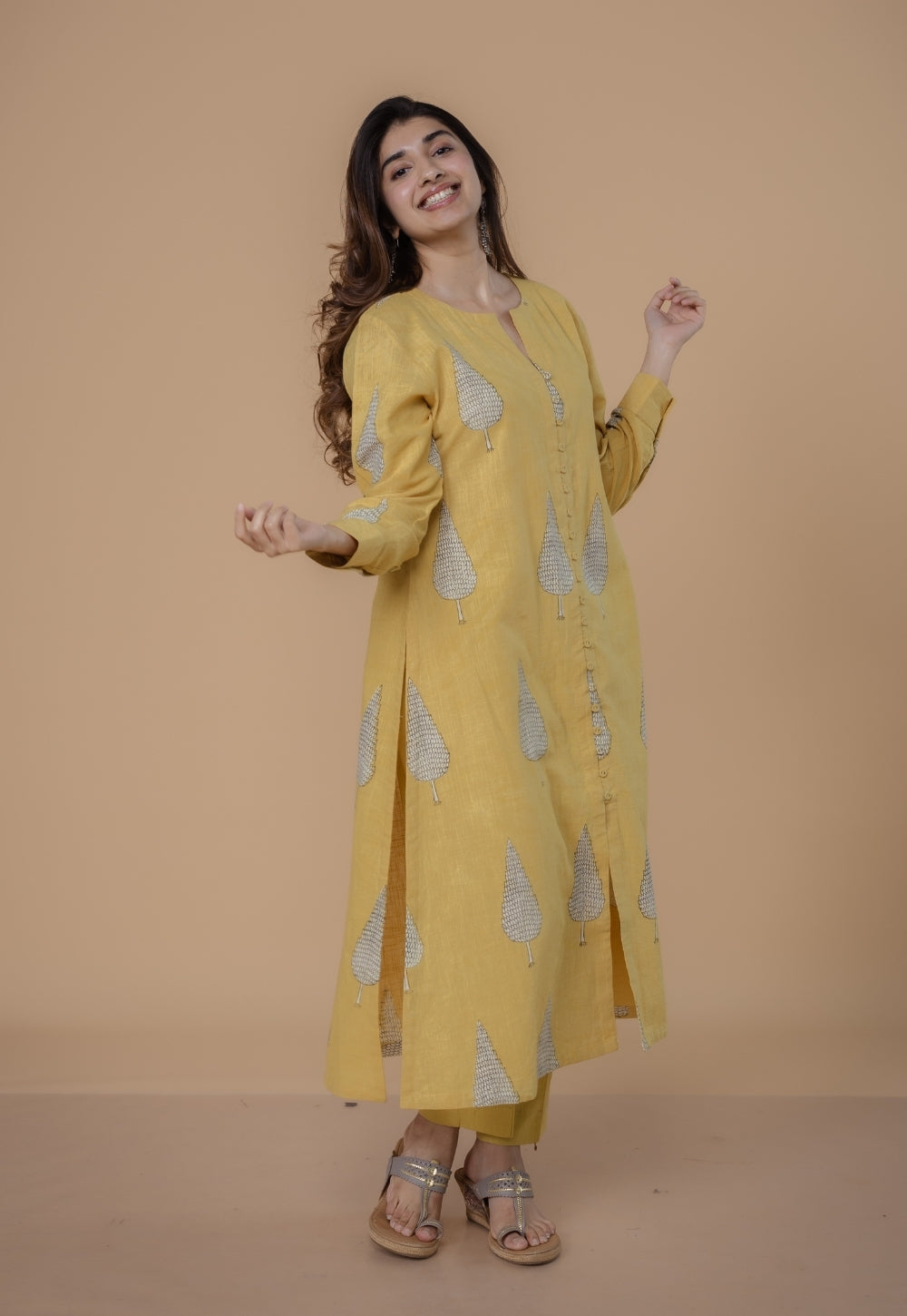Ruchi Yellow Dabu Slub Cotton Straight Kurta Set (Set Of 2)