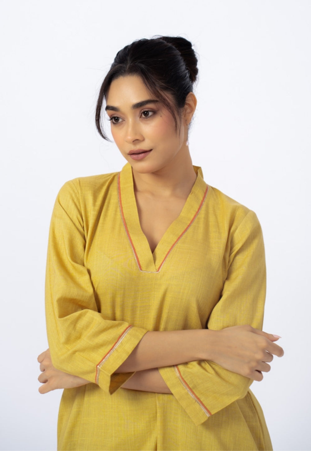 Zeenat Yellow Solid Slub Cotton Straight Kurta Suit Set with Solid Dupatta (Set of 3)