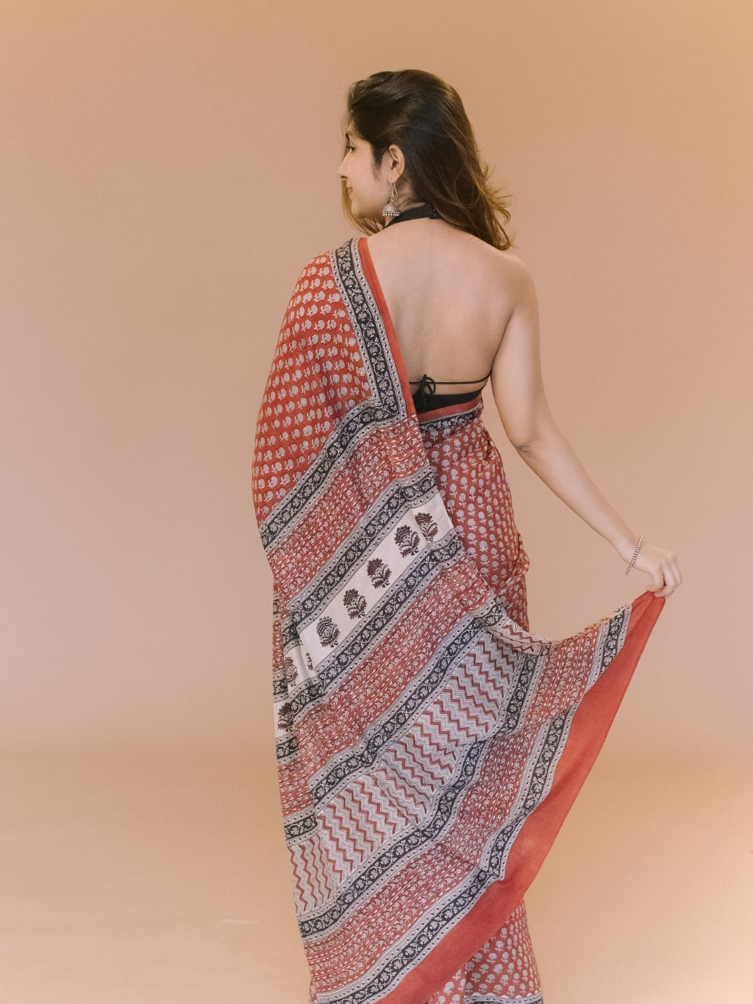 Red Butti Bagru Hand Block Print Modal Saree