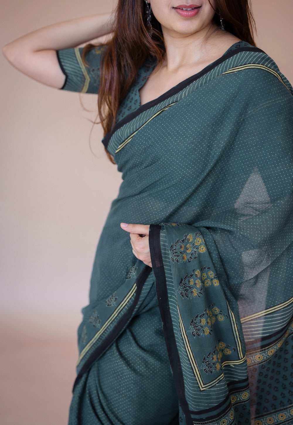 Green Floral Ajrakh Hand Block Print Mul Saree
