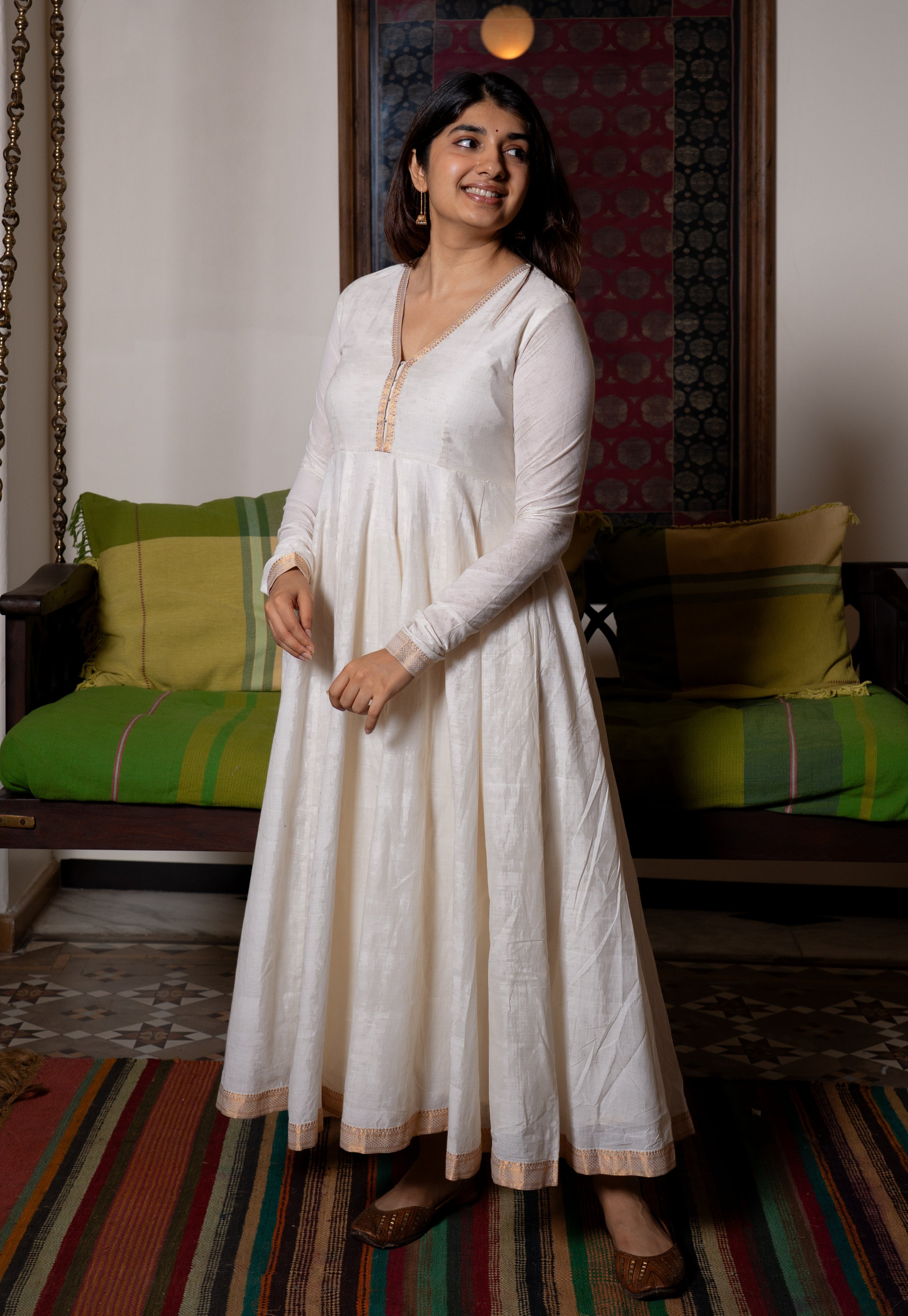 Husna White Mangalgiri Cotton Kali Kurta with Nizam Border