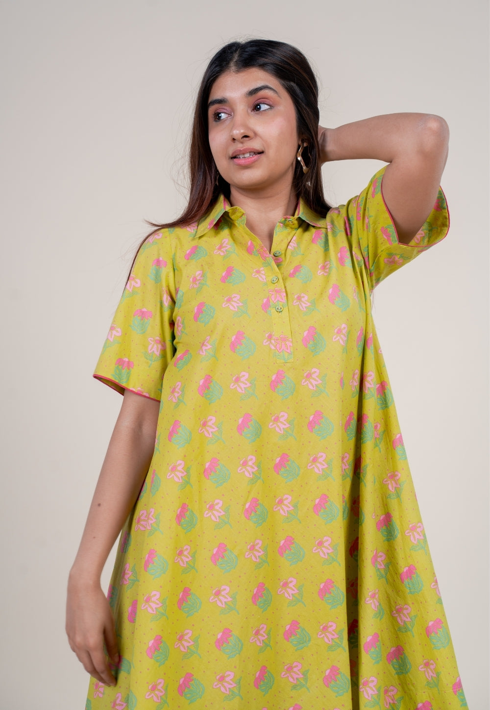 Srisha Lime Green Printed Cotton A Line Dress
