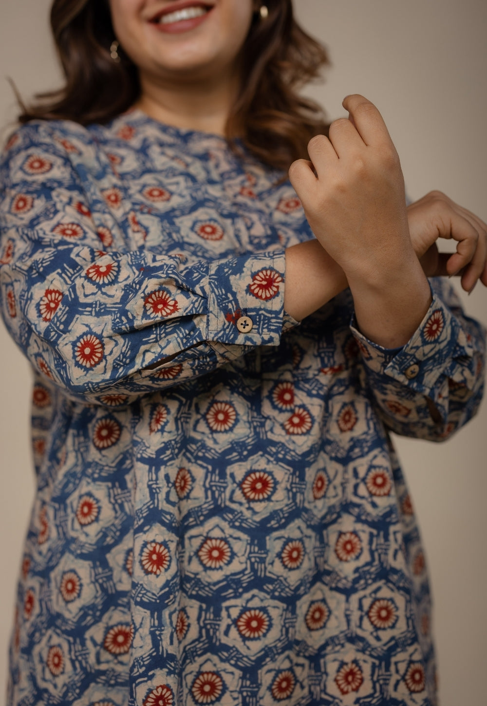 Naaz Blue Ajrakh Cotton A Line Short Top