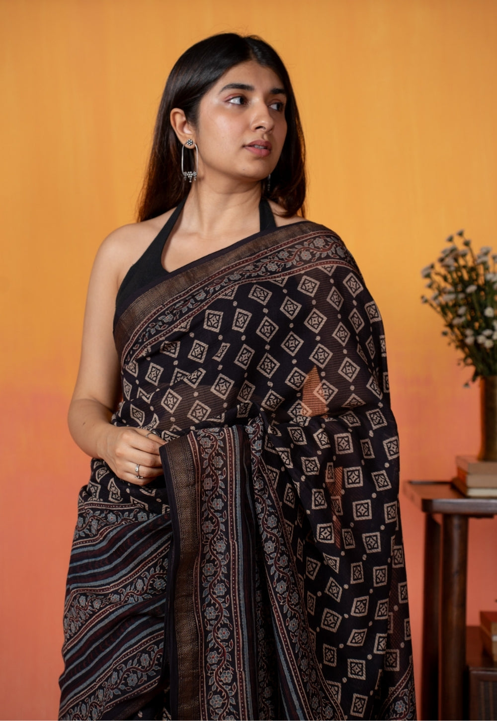 Black Aztec Ajrakh Hand Block Print Maheshwari Saree