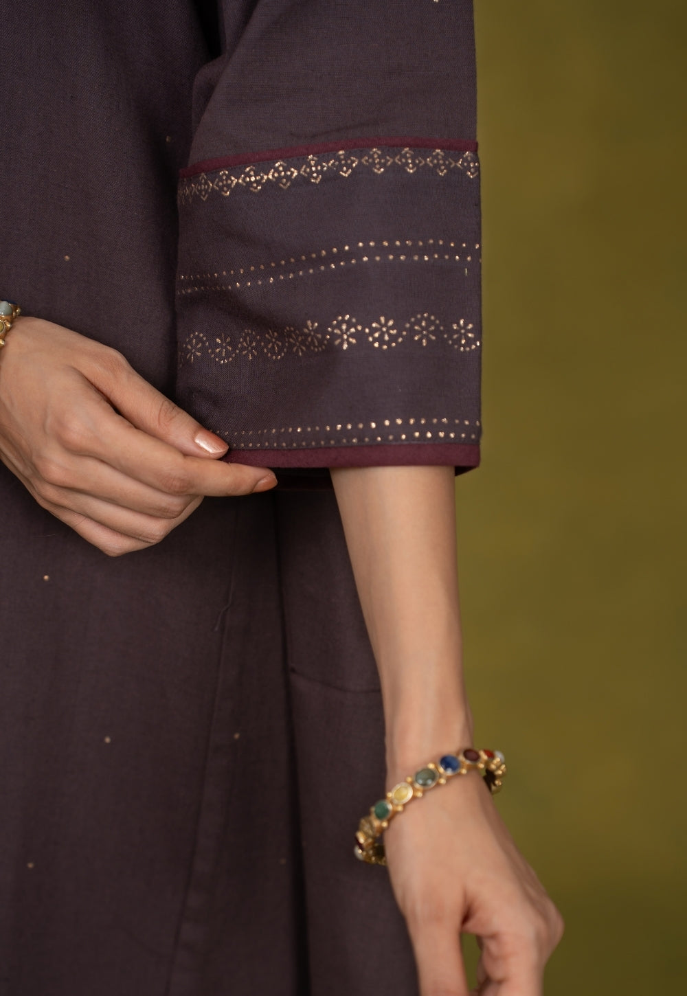 Zohra Aubergine Rogan Handblock Printed Cotton Jhabbha Kali Kurta Suit Set (Set of 3)