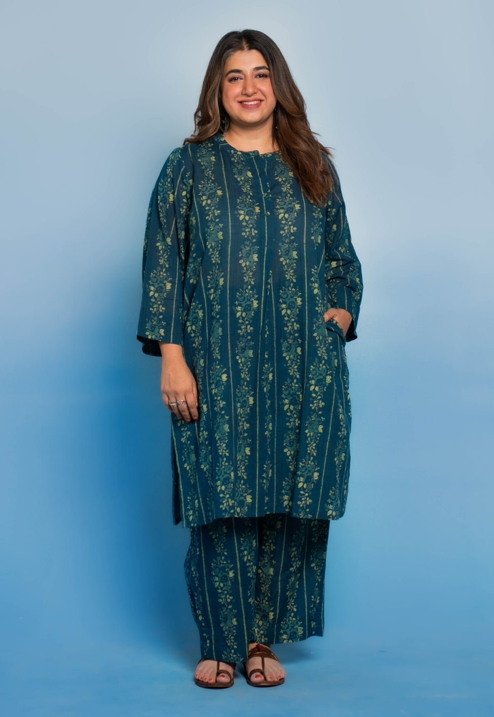 Harshi Teal Blue Dabu Mul Cotton Straight Co-Ord Set