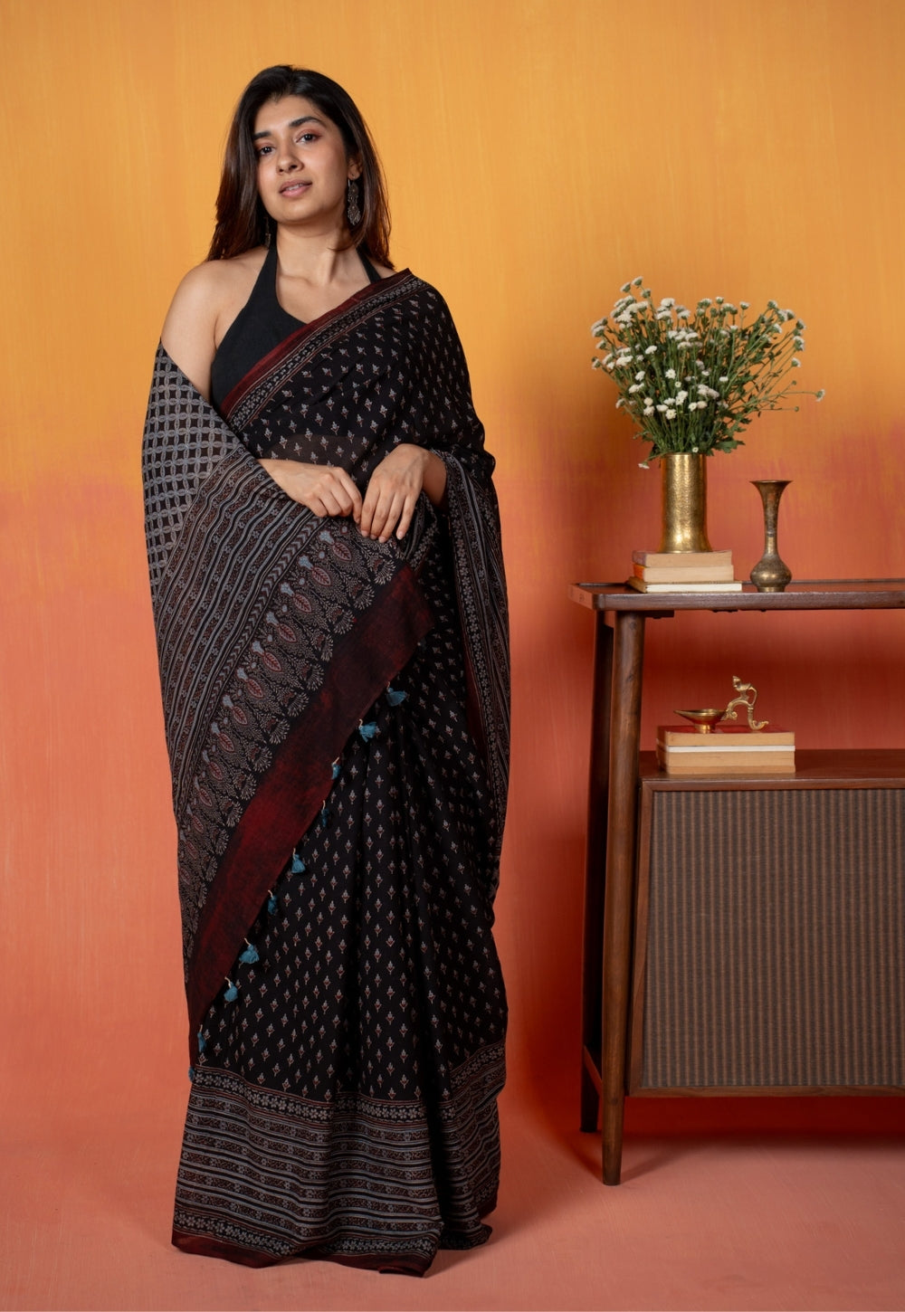 Black Butti Ajrakh Hand Block Print Mul Saree