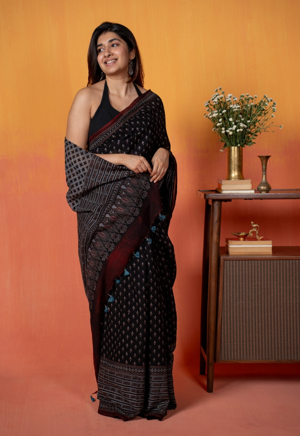Black Butti Ajrakh Hand Block Print Mul Saree