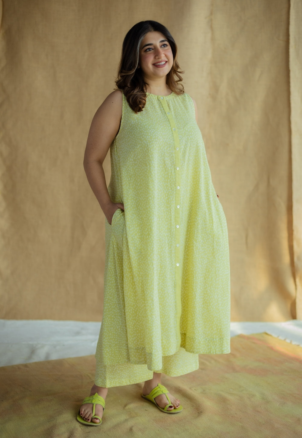 Heena Lime Green Hand Block Print Slub Cotton A Line Kurta