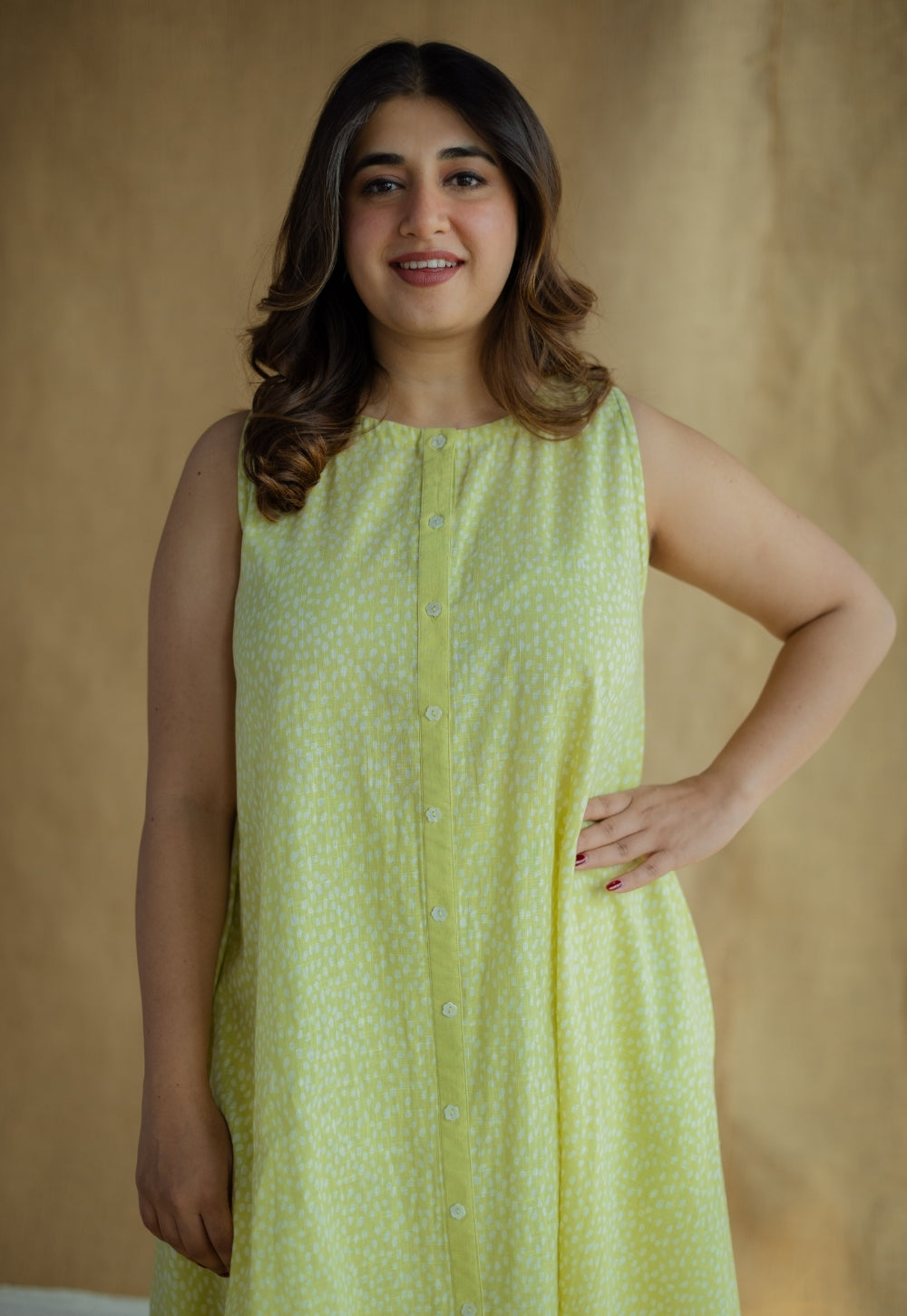 Heena Lime Green Hand Block Print Slub Cotton A Line Kurta