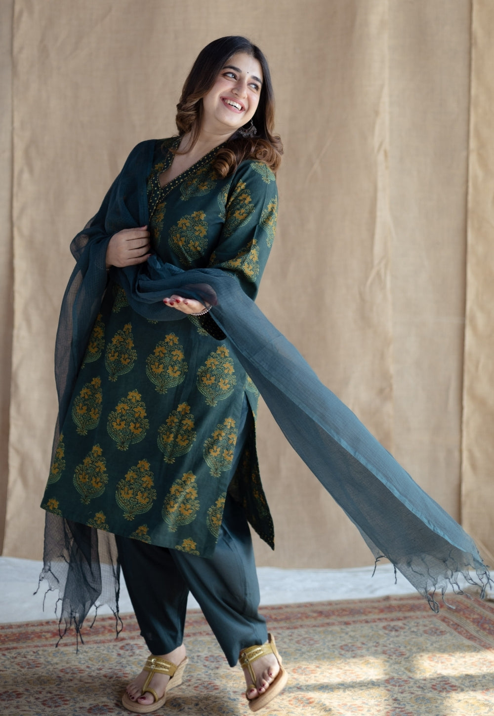 Sanya Green Ajrakh Cotton Straight Kurta with Dupatta