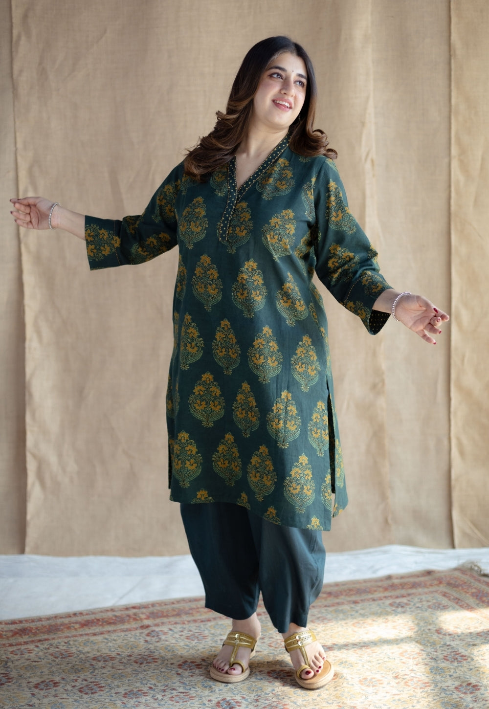 Sanya Green Ajrakh Cotton Straight Kurta Set (Set of 2)