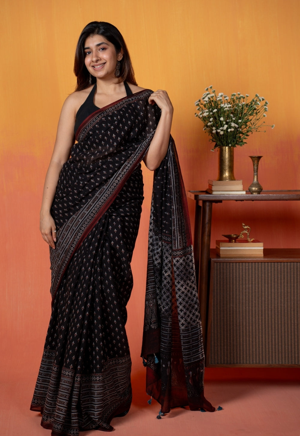 Black Butti Ajrakh Hand Block Print Mul Saree