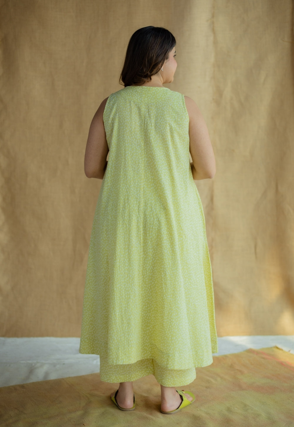 Heena Lime Green Hand Block Print Slub Cotton A Line Kurta