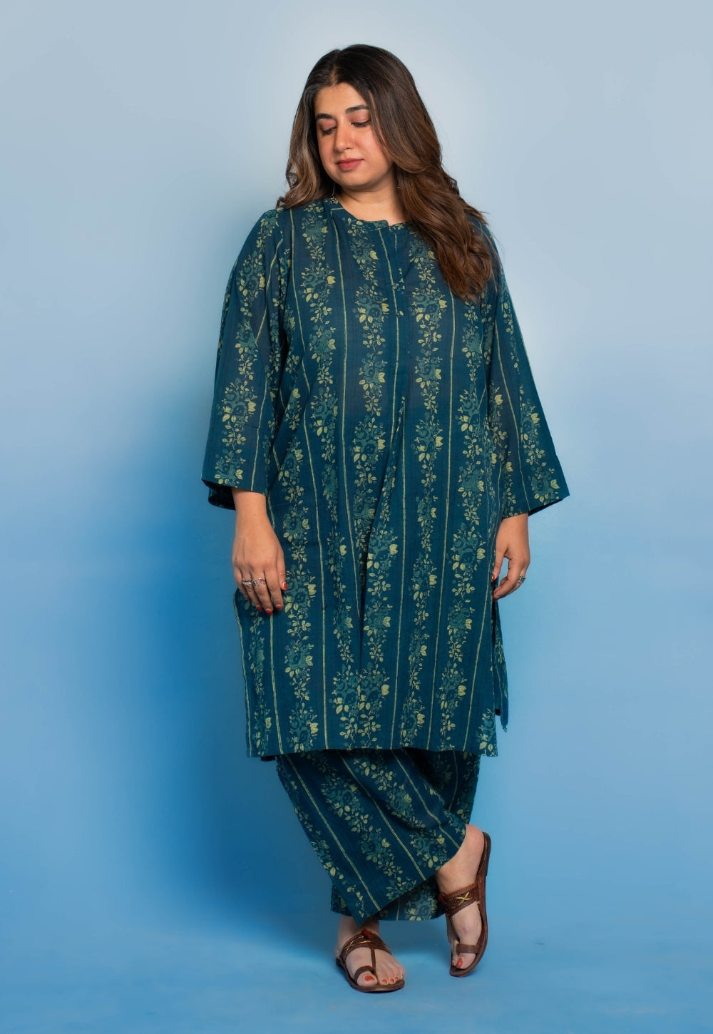 Harshi Teal Blue Dabu Mul Cotton Straight Co-Ord Set
