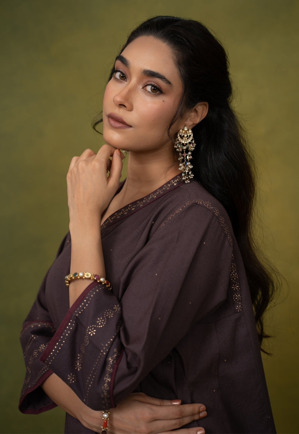 Zohra Aubergine Rogan Handblock Printed Cotton Jhabbha Kali Kurta Suit Set (Set of 3)
