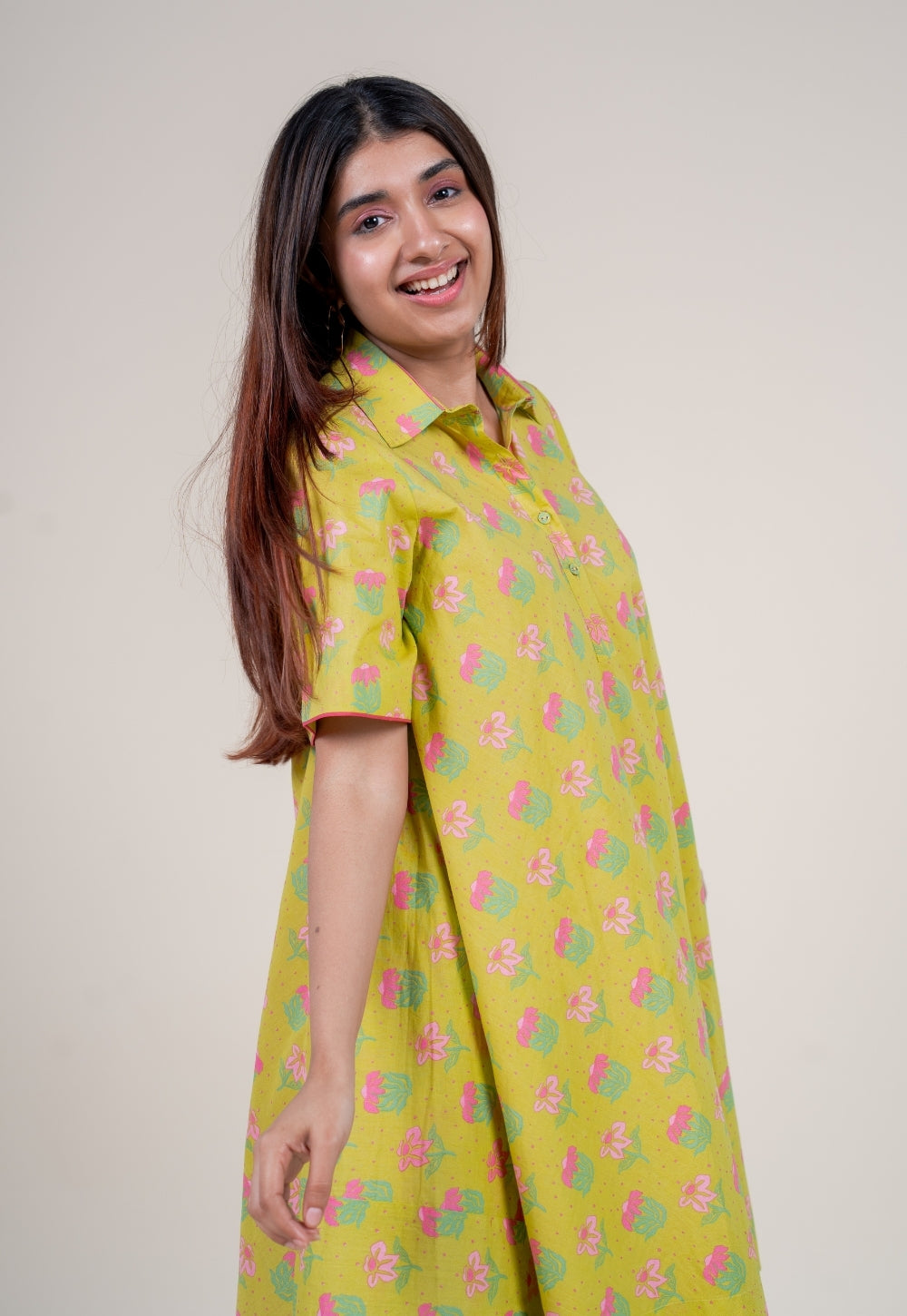Srisha Lime Green Printed Cotton A Line Dress