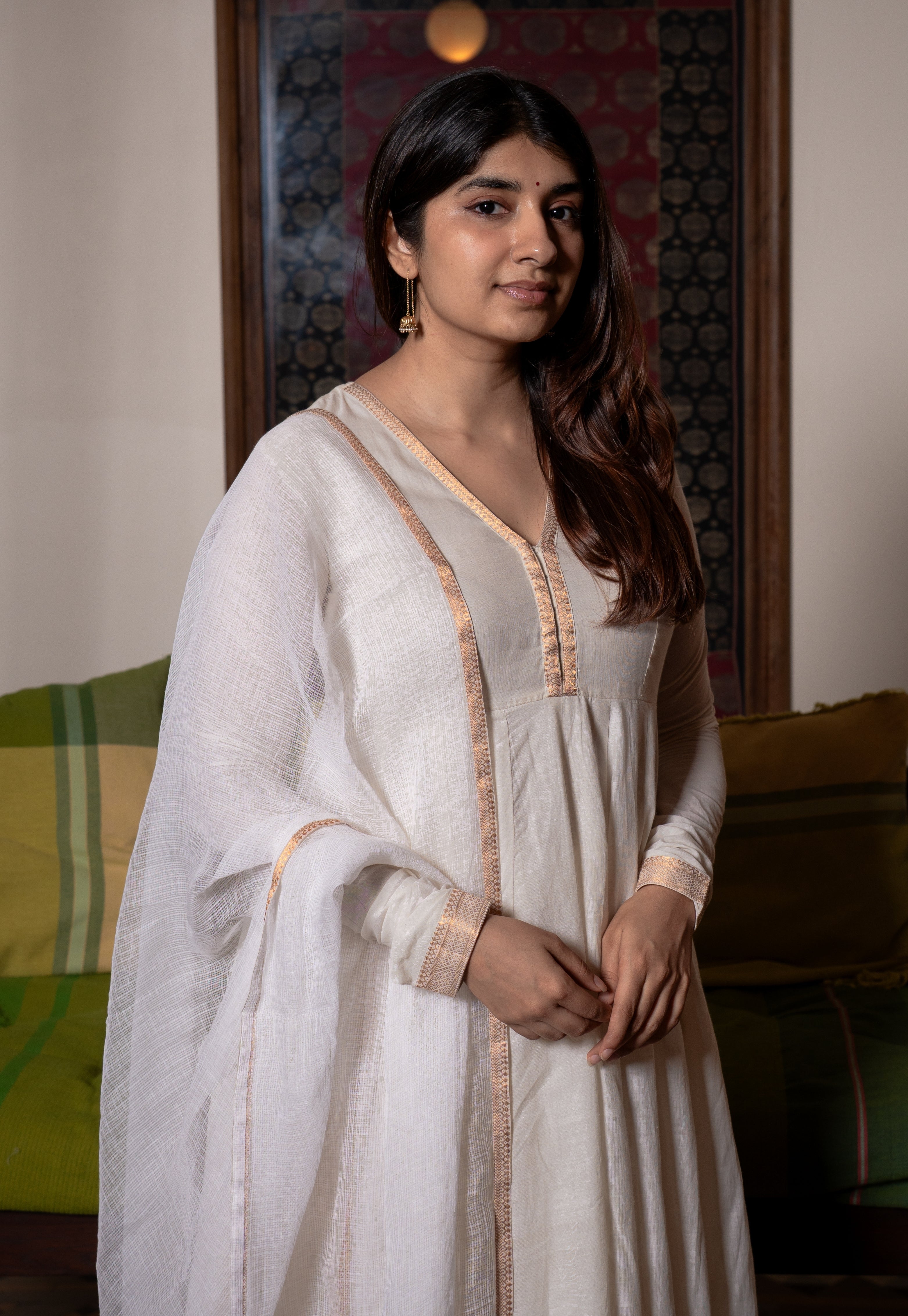 Husna White Mangalgiri Cotton Kali Kurta with Nizam Border