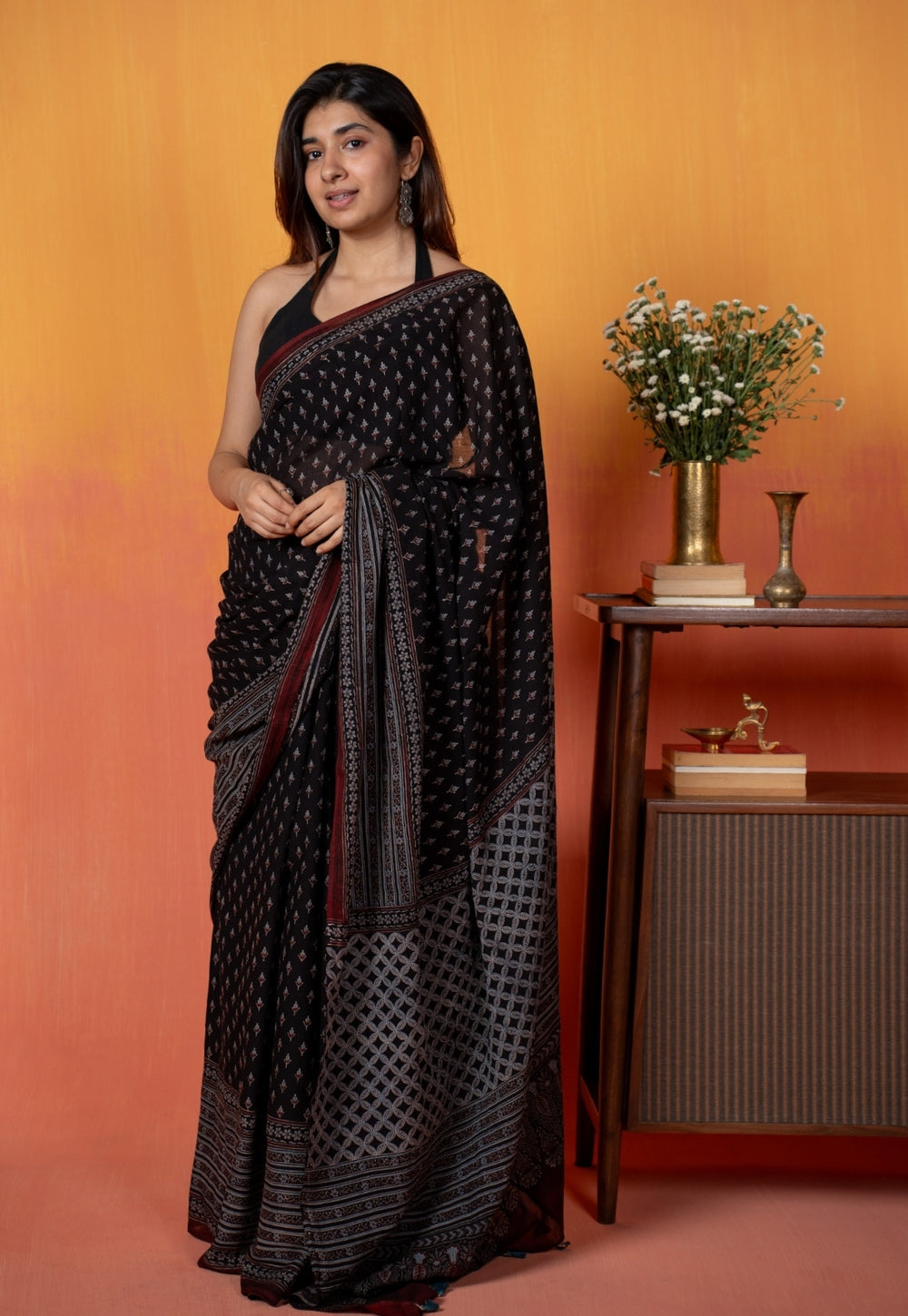 Black Butti Ajrakh Hand Block Print Mul Saree