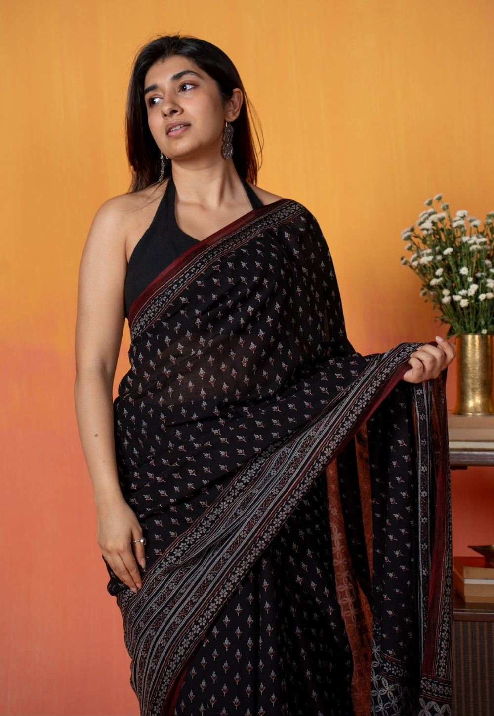 Black Butti Ajrakh Hand Block Print Mul Saree