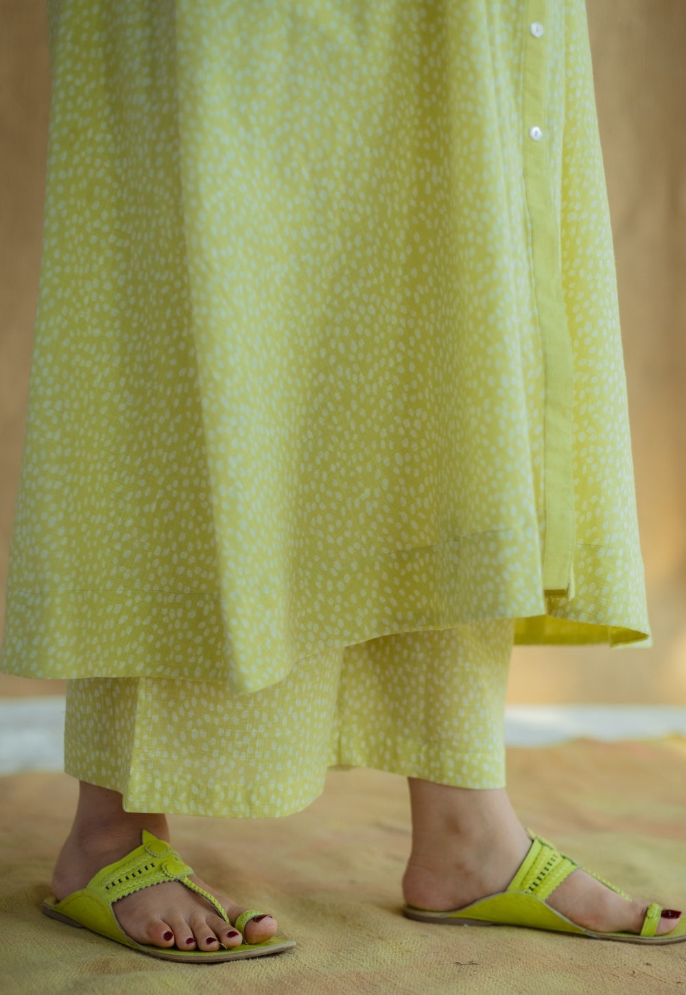 Yashi Lime Green Hand Block Print Slub Cotton Straight Pant