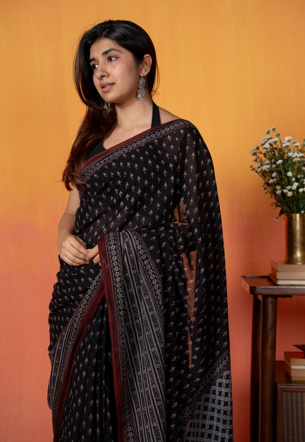 Black Butti Ajrakh Hand Block Print Mul Saree