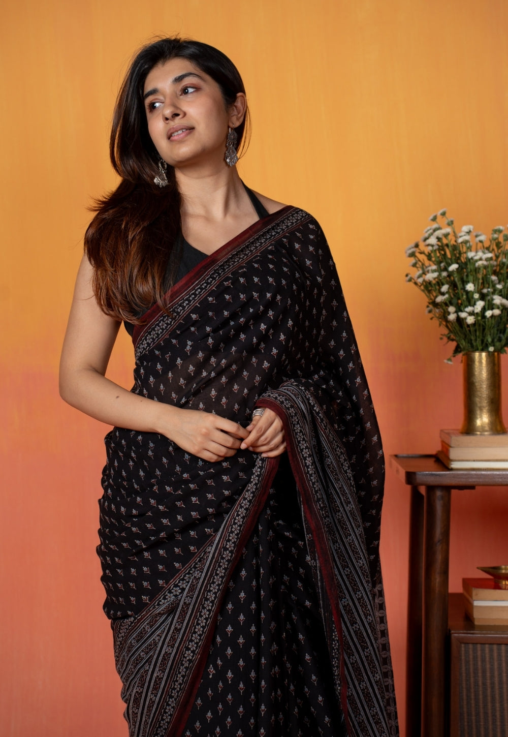 Black Butti Ajrakh Hand Block Print Mul Saree