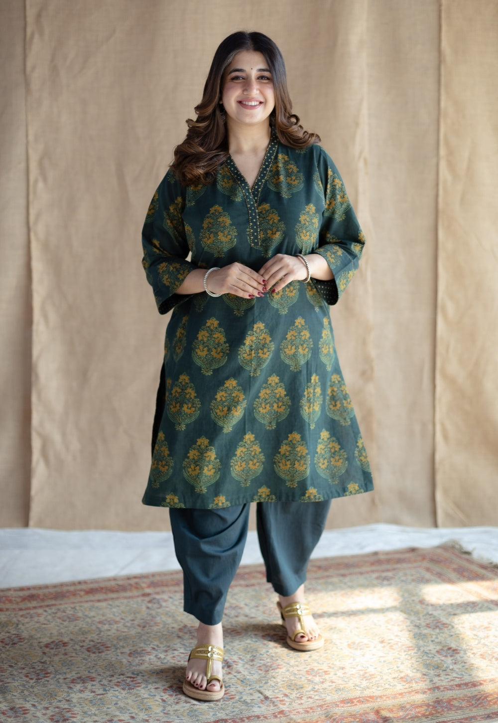 Sanya Green Ajrakh Cotton Straight Kurta Set (Set of 2)