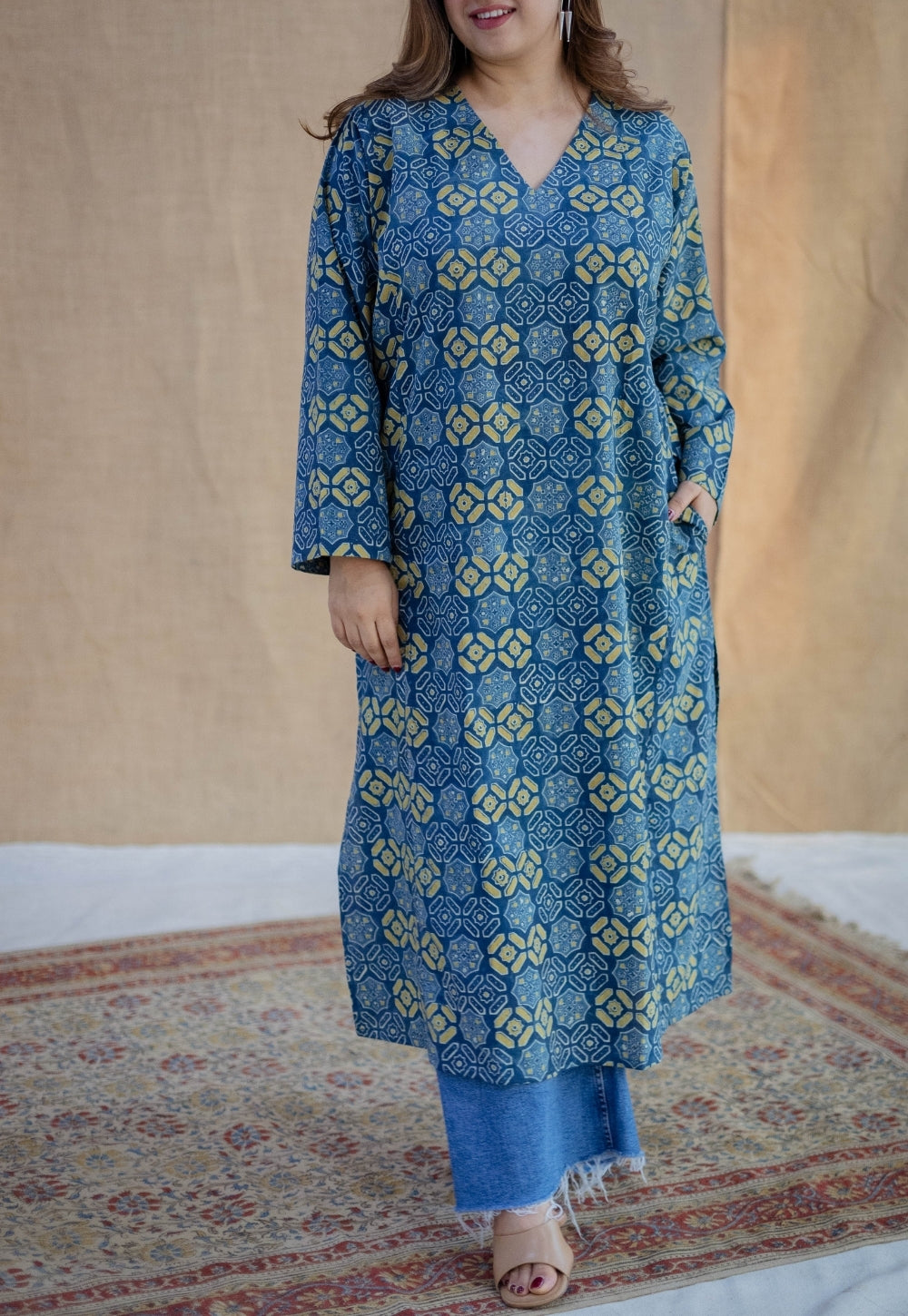 Ritika Blue Ajrakh Cotton Jhabbha Kali Kurta