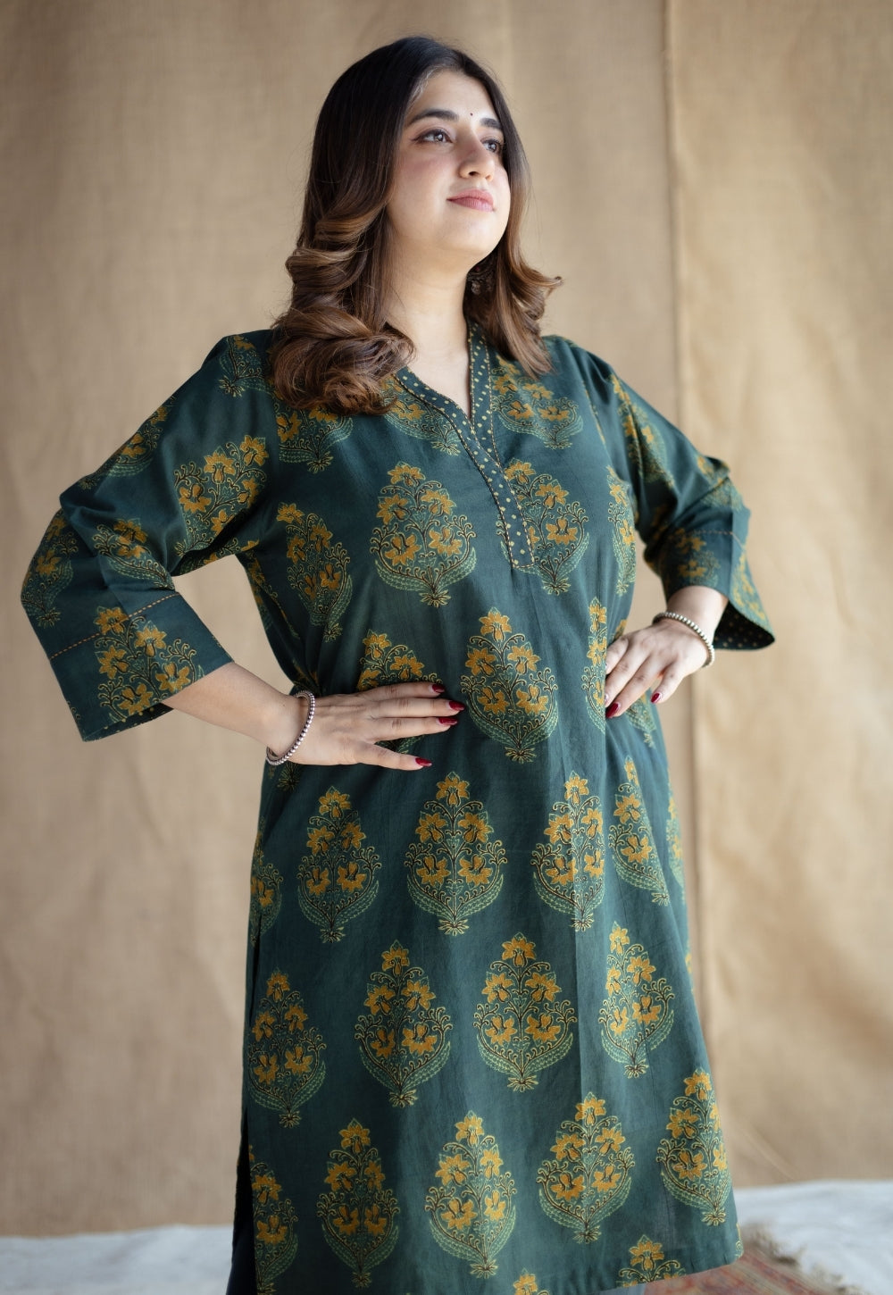 Sanya Green Ajrakh Cotton Straight Kurta Set (Set of 2)