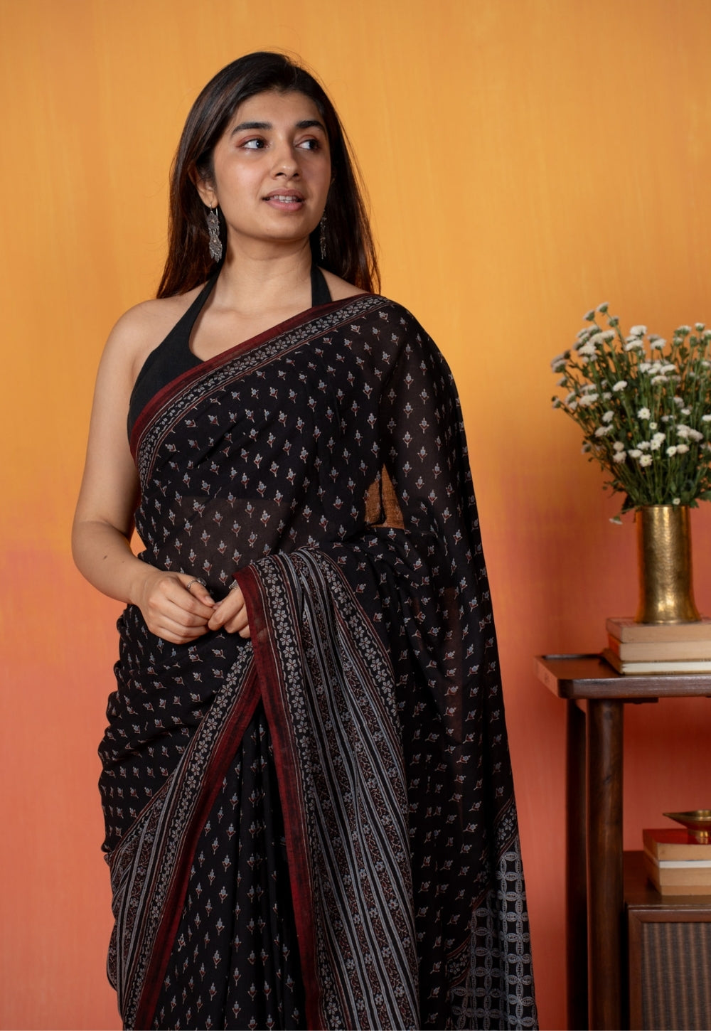 Black Butti Ajrakh Hand Block Print Mul Saree