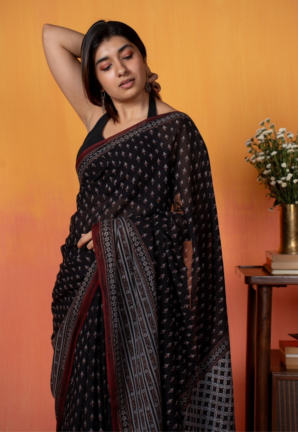 Black Butti Ajrakh Hand Block Print Mul Saree