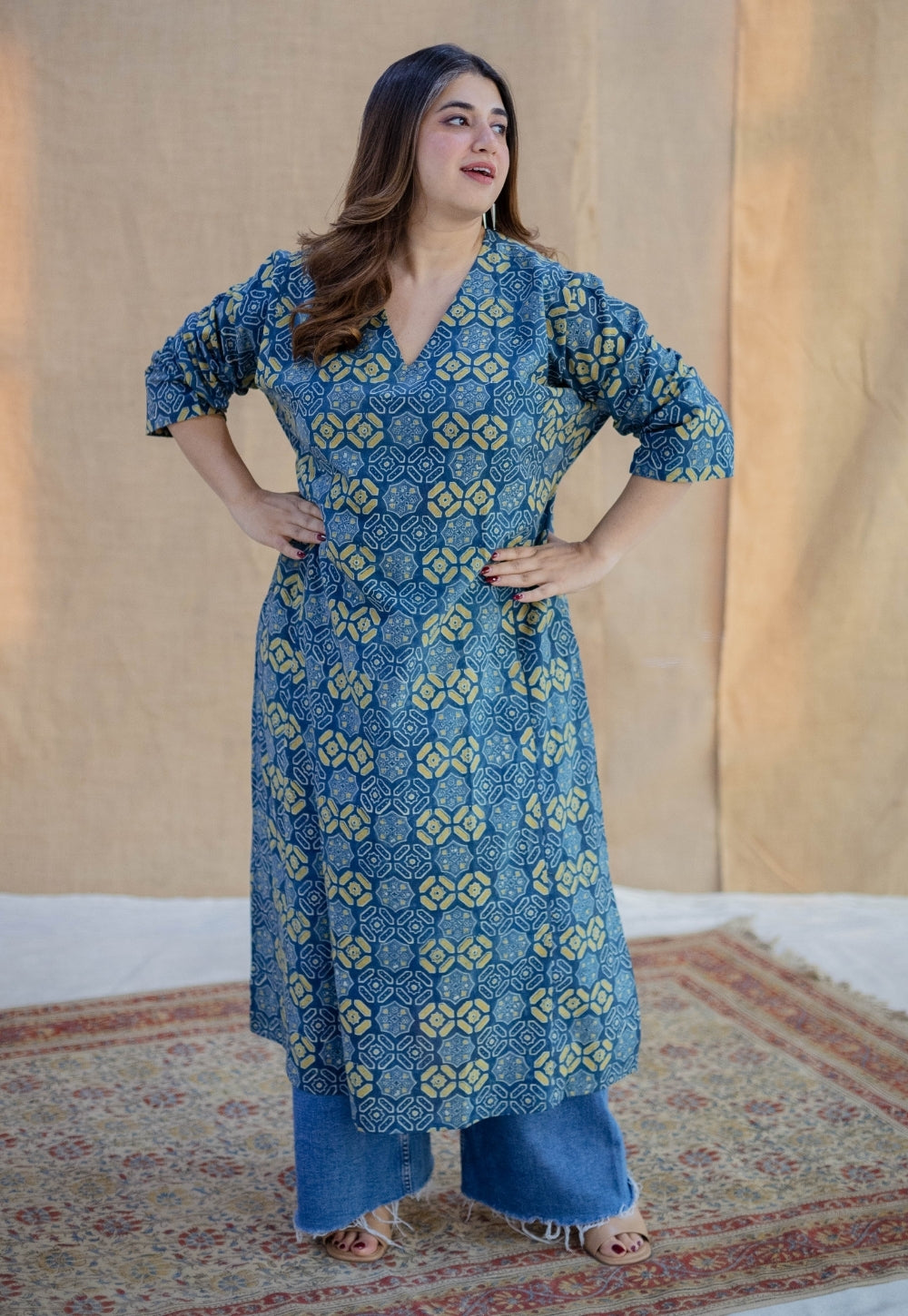 Ritika Blue Ajrakh Cotton Jhabbha Kali Kurta