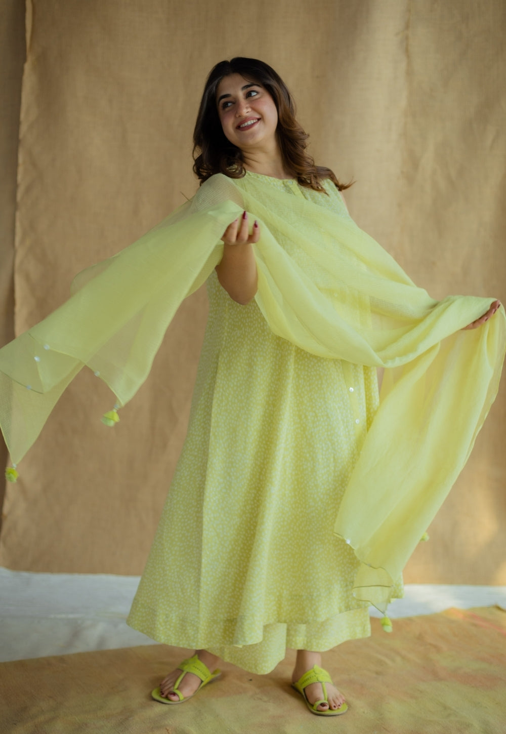Lime Green Solid Cotton kota Doria Dupatta