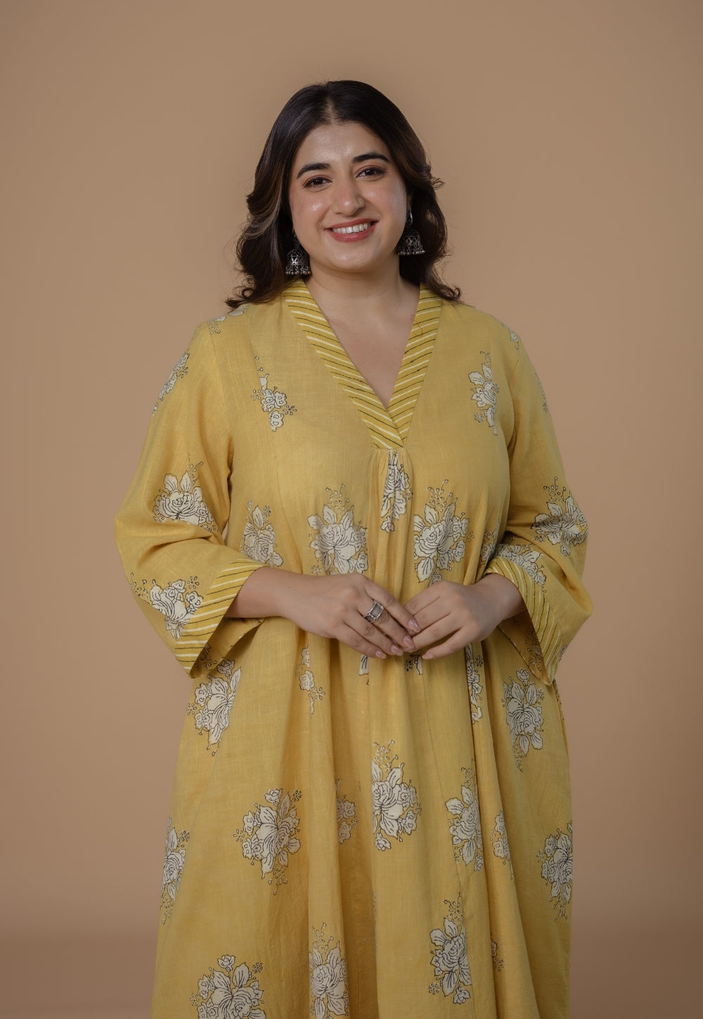 Sakhi Yellow Dabu Slub Cotton Kali Kurta Set (Set Of 2)