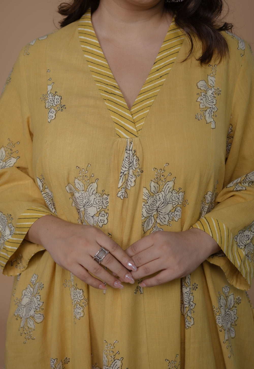 Sakhi Yellow Dabu Slub Cotton Kali Kurta Set (Set Of 2)