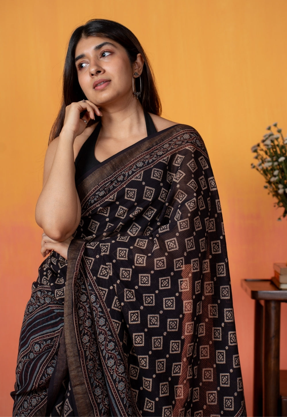 Black Aztec Ajrakh Hand Block Print Maheshwari Saree