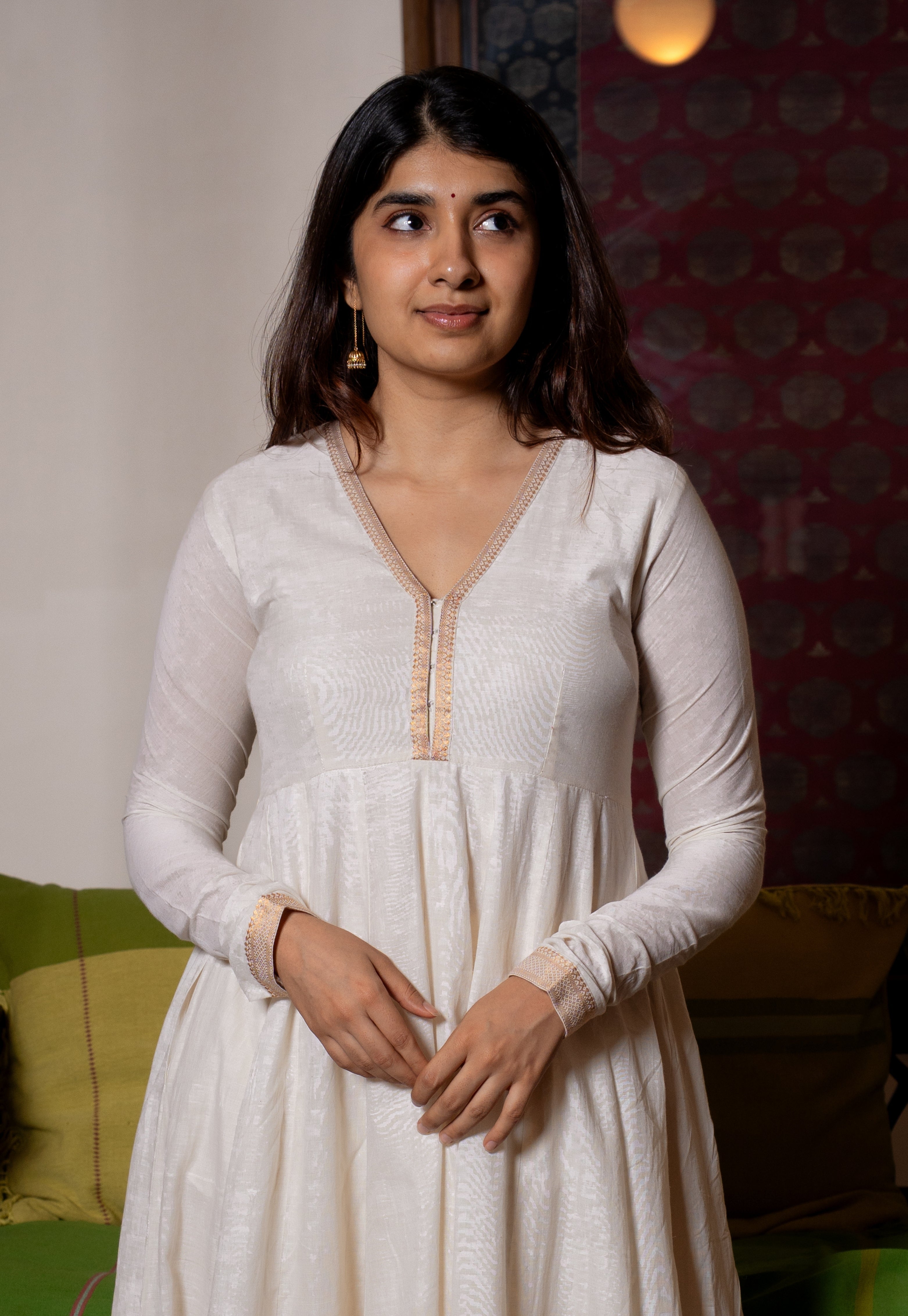 Husna White Mangalgiri Cotton Kali Kurta with Nizam Border