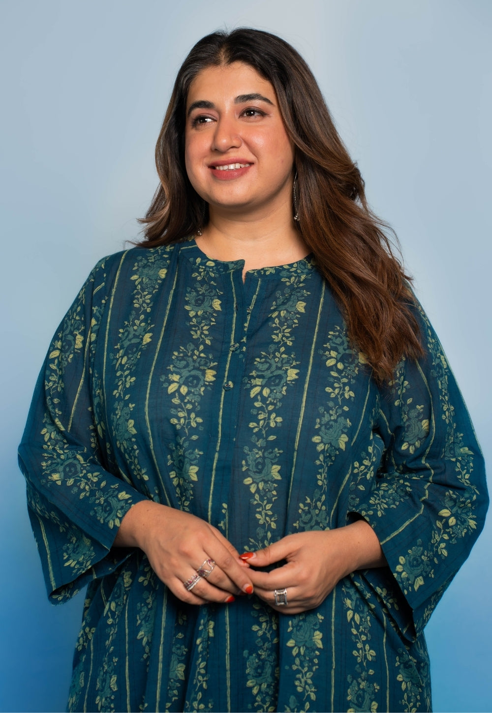 Harshi Teal Blue Dabu Mul Cotton Straight Co-Ord Set