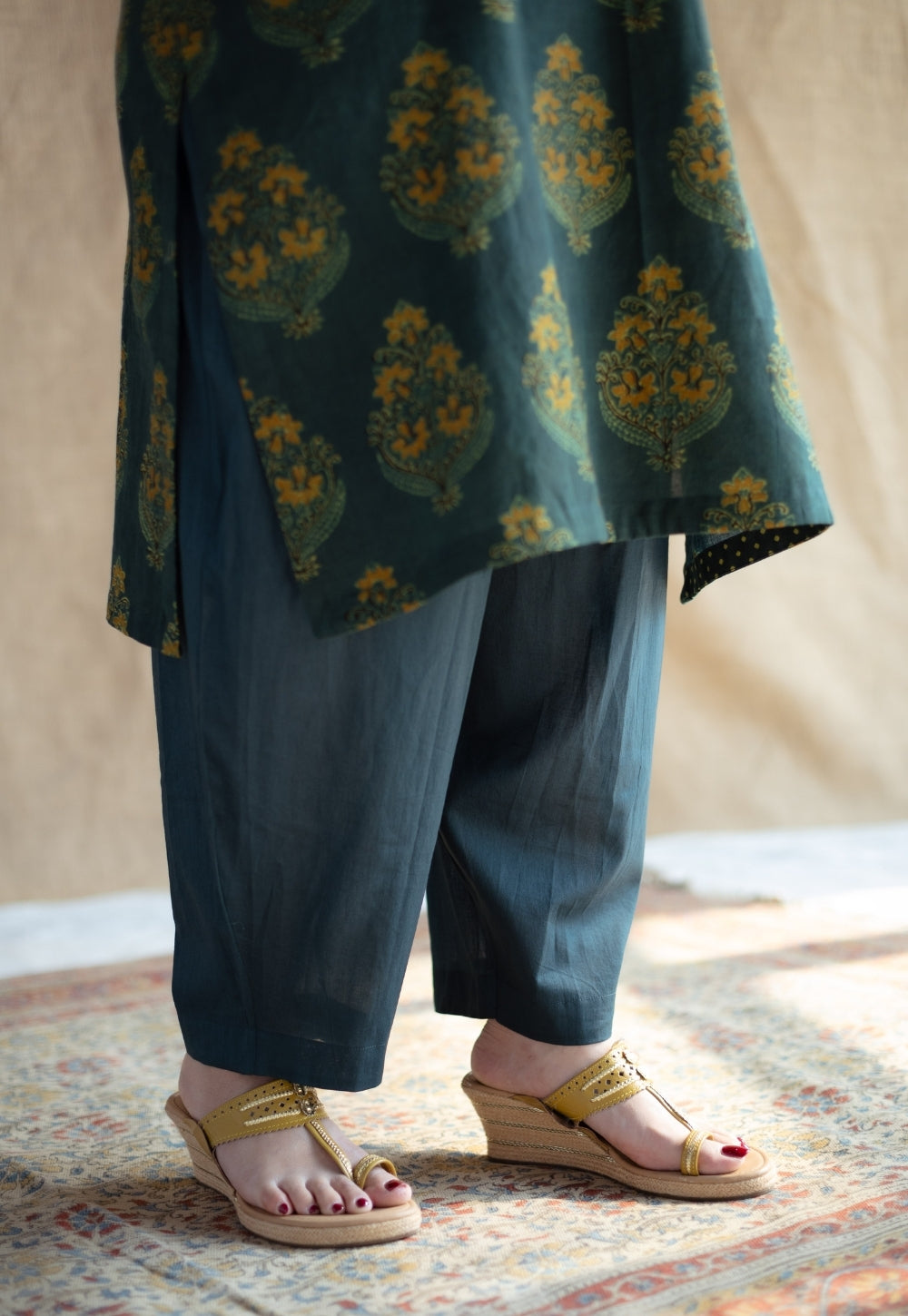 Tarin Green Solid Slub Cotton Afghan Pant