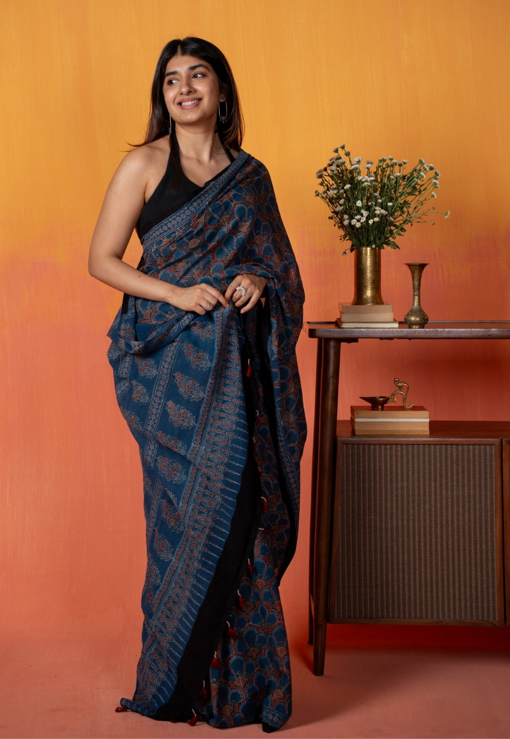 Blue Floral Jaal Ajrakh Hand Block Print Mul Saree