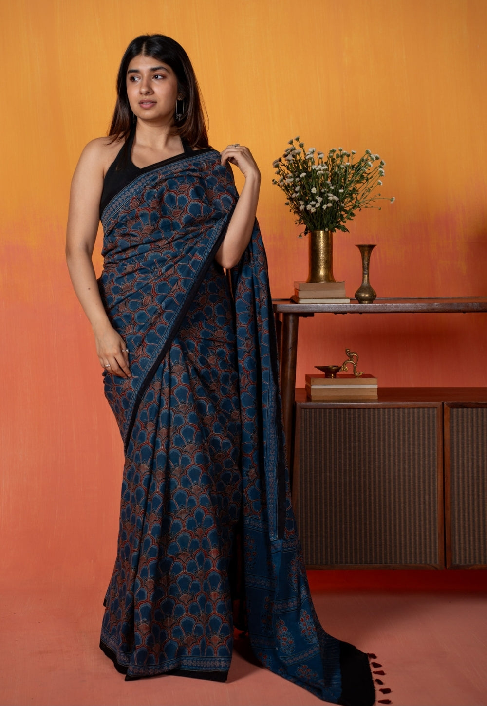 Blue Floral Jaal Ajrakh Hand Block Print Mul Saree