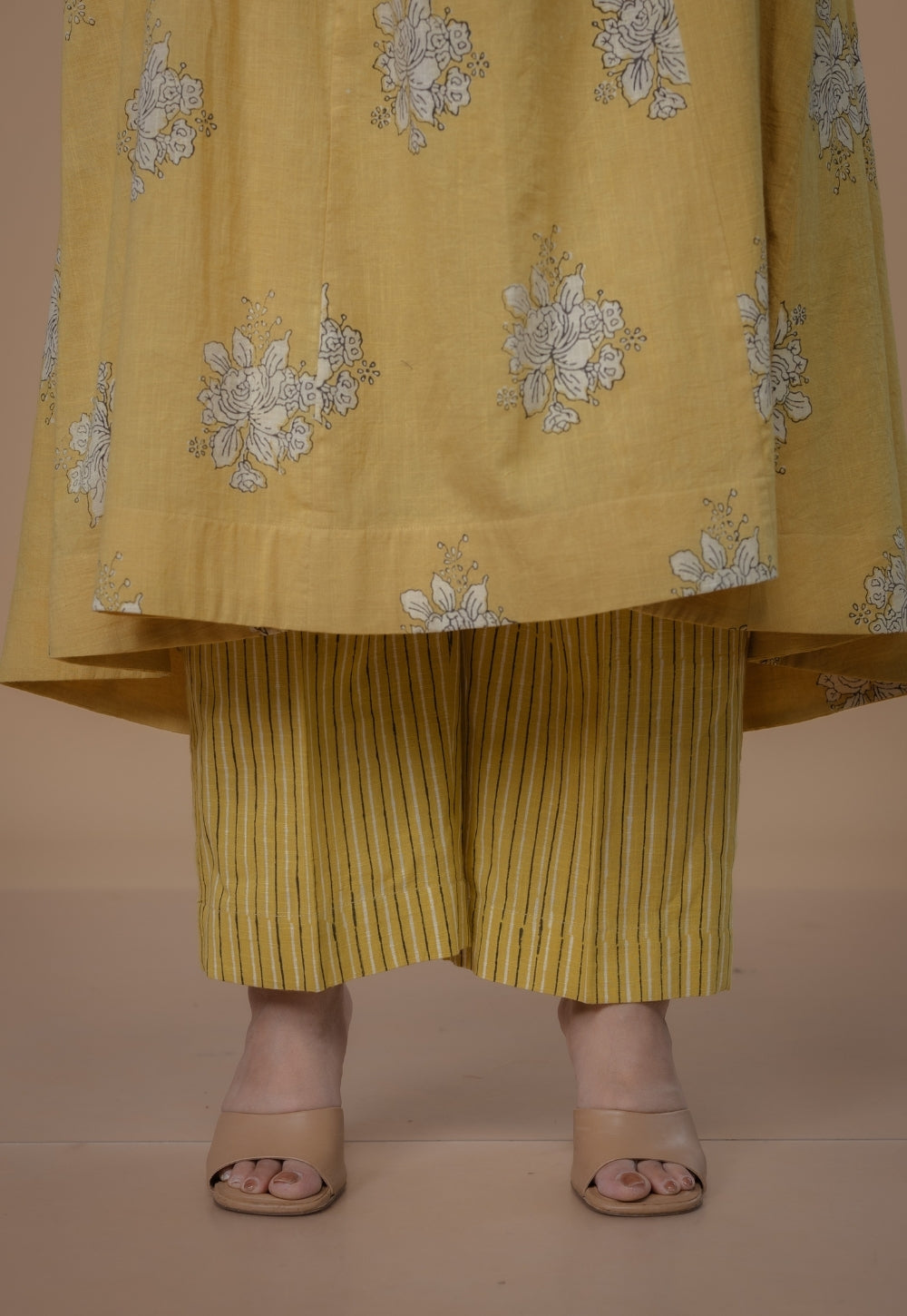 Sakhi Yellow Dabu Slub Cotton Kali Kurta Set (Set Of 2)