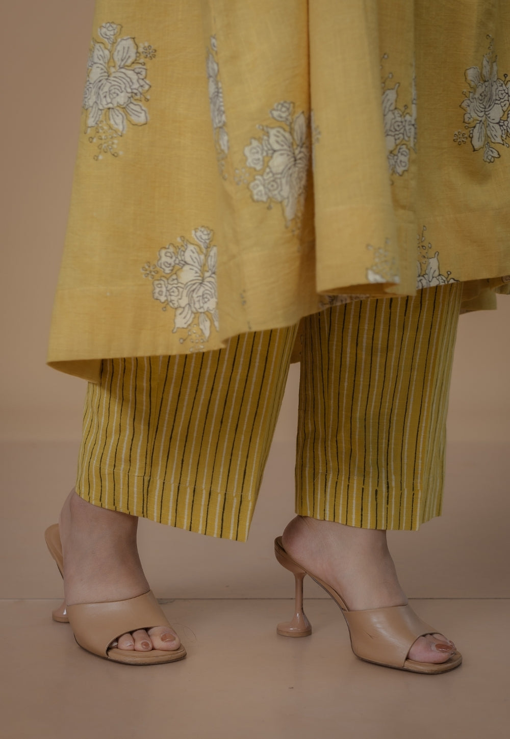 Sakhi Yellow Dabu Slub Cotton Kali Kurta Set (Set Of 2)