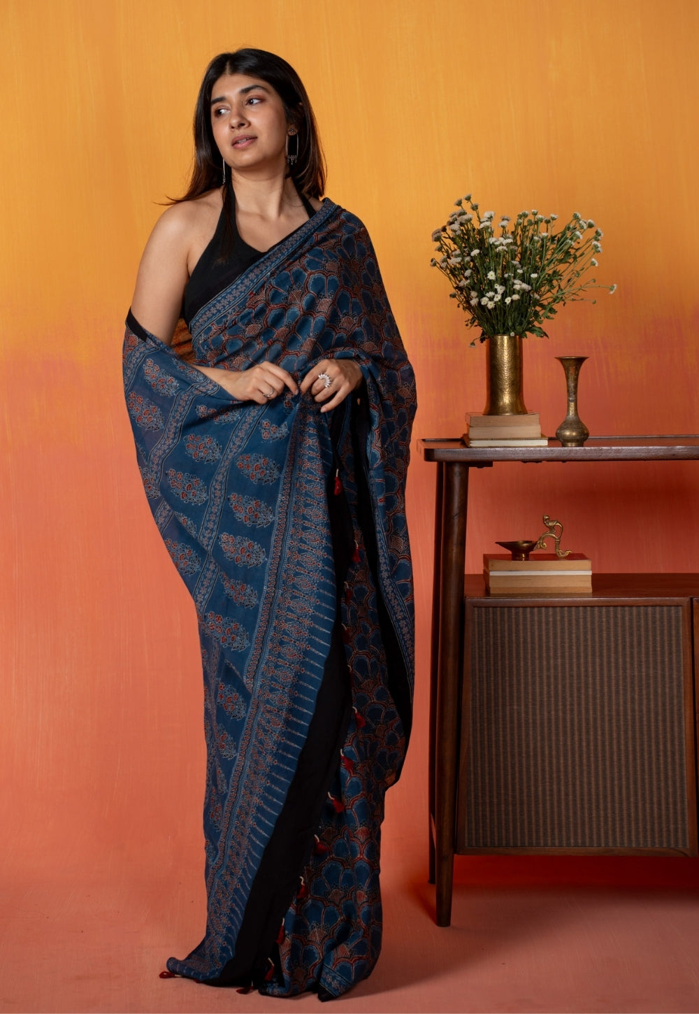 Blue Floral Jaal Ajrakh Hand Block Print Mul Saree